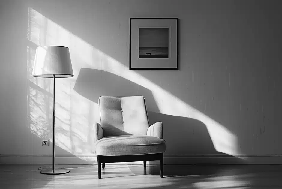 60s retro lounge. black and white image of a standard lamp, armchair and one picture on the wall