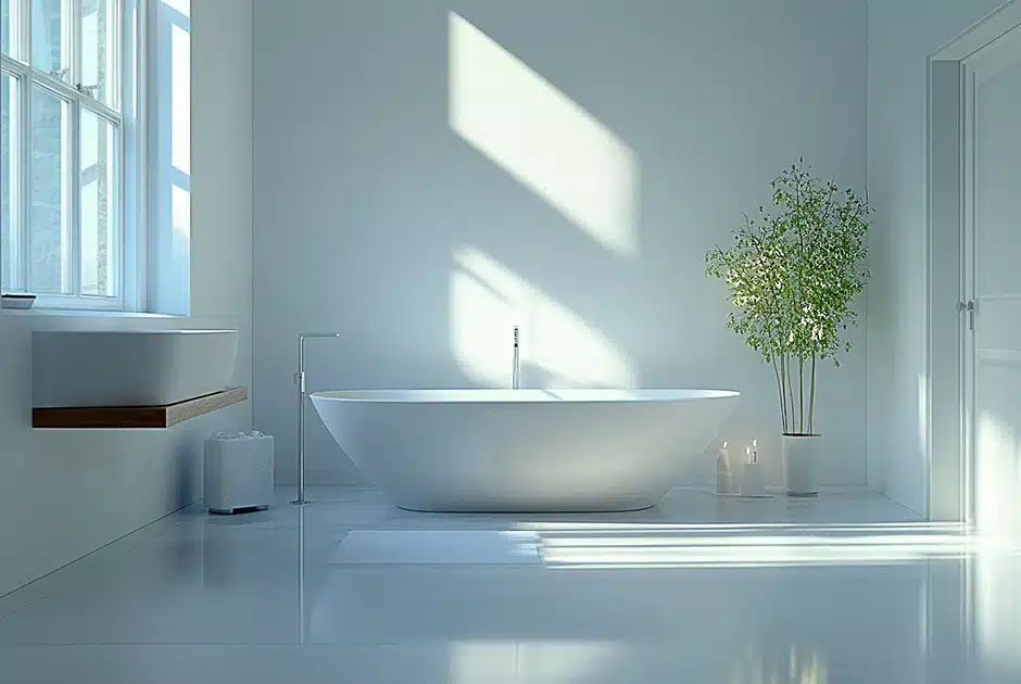 modern stylish bathroom - white bathtub, basin, candles, and pot plant