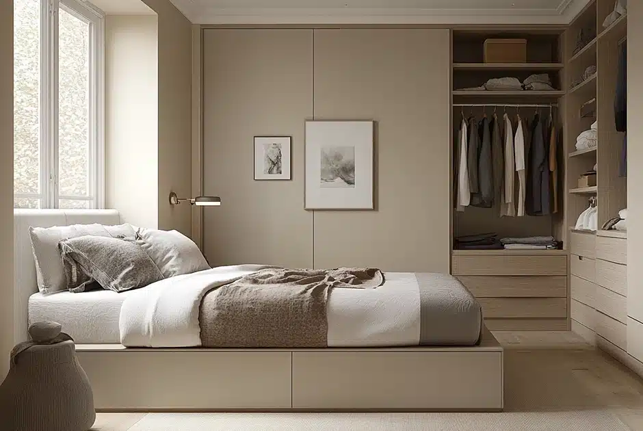 a bedroom with under-bed storage drawers, a chic storage bench at the foot of the bed, and a sleek wardrobe with organized shelves