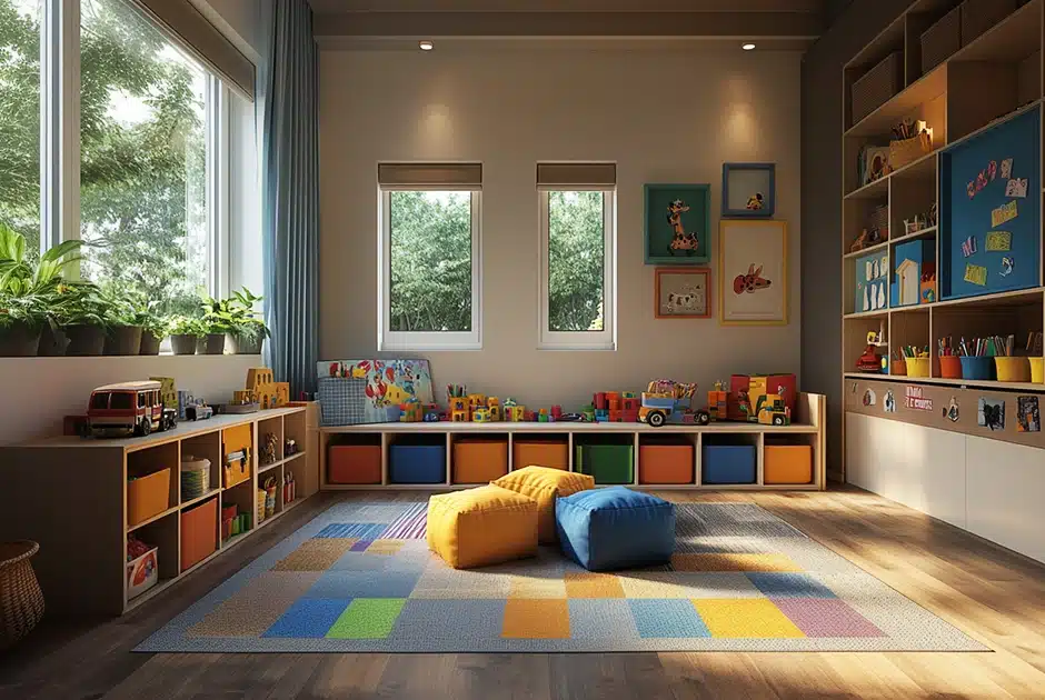 A child's playroom with colorful, wall-mounted storage cubes, a bench with built-in toy storage, and an art station with organized supplies