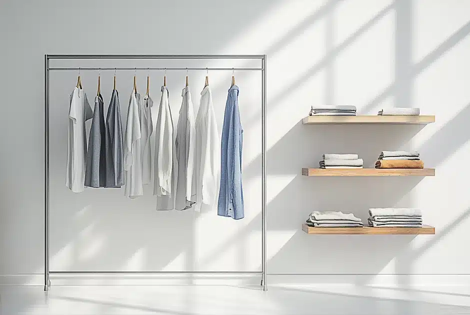 very simple storage solutions, a metal clothes rack with clothes hanging on it and to the right three simple shelves, one above the other with just one item of clothing on each one,