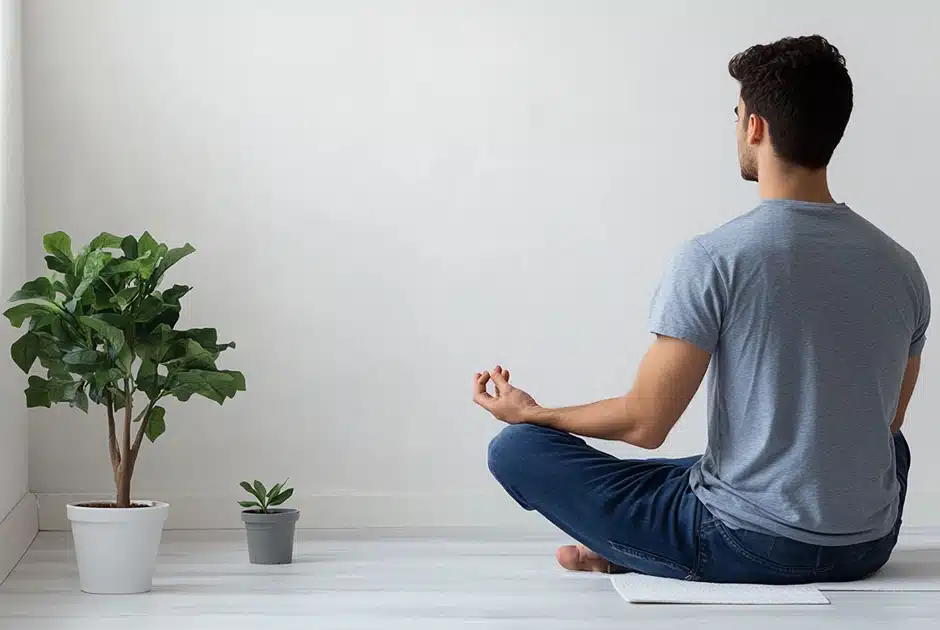 A man sitting wearing jeans and a T shirt, cross-legged on a simple mat in a simple room with a clear, uncluttered background, a small pot plant close to him, he is engaged in mindfulness practice. The room features soft, natural light and a calming atmosphere, emphasizing mental decluttering and focus through minimalist design