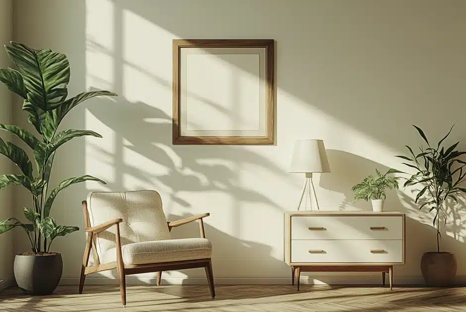 retro 1960s minamalistic lounge, just one standard lamp and one armchair against a wall, one picture on the wall, small old white dresser, pot plants