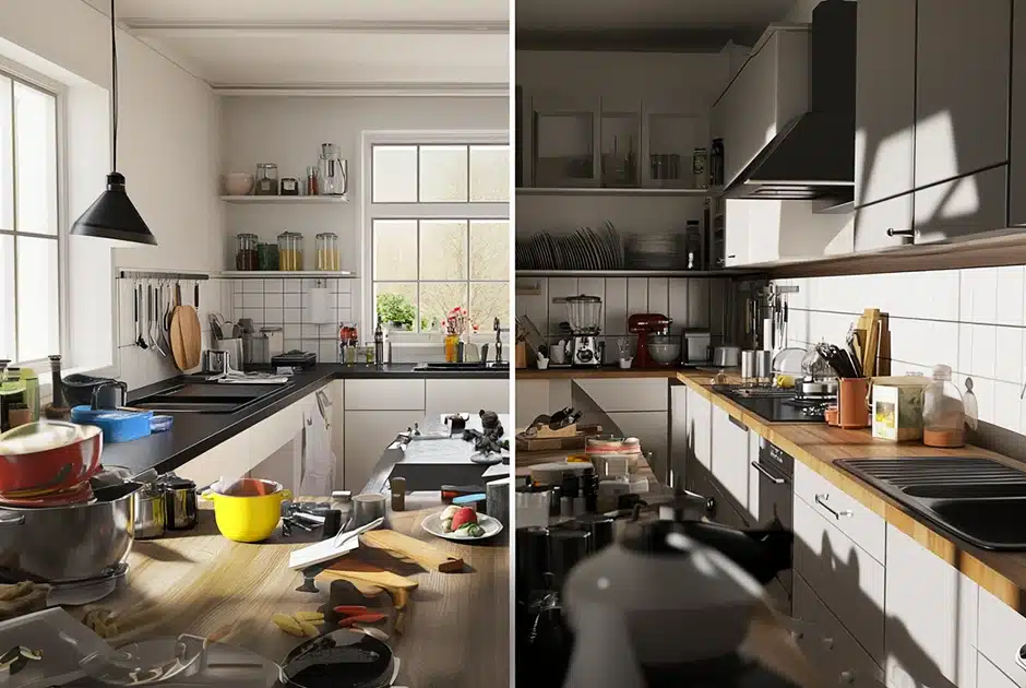 A kitchen in transition, with one side showing cluttered countertops and the other side clean and organized, with visual markers indicating the decluttering steps