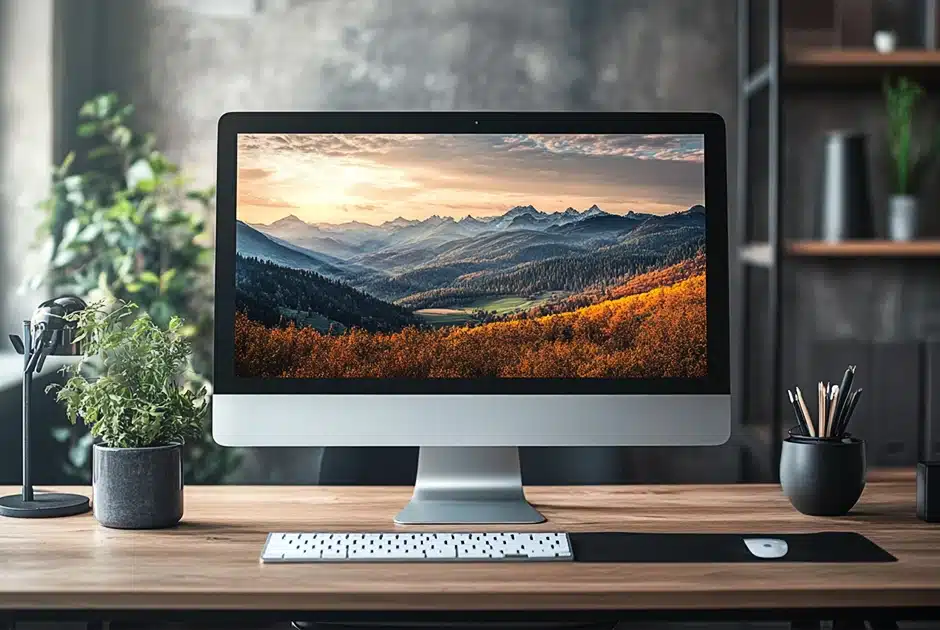 computer monitor on a desk, a country landscape on the monitor