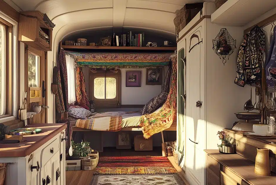 A cozy gypsy caravan interior with a neatly organized layout, featuring efficiently arranged shelves, a neatly made bed with colorful linens, and clever storage solutions such as under-bed drawers and wall-mounted racks. The space is bathed in warm, natural light, creating a calm and clutter-free atmosphere with a touch of rustic charm