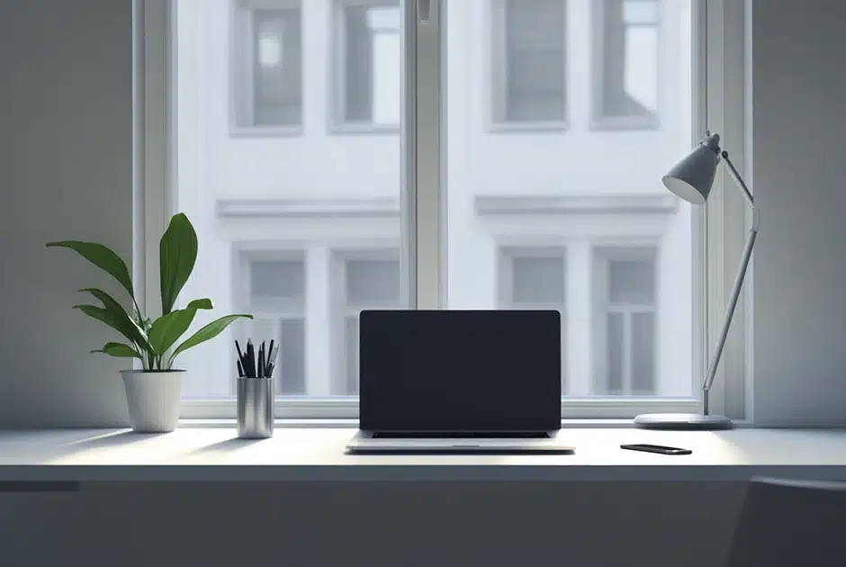 a cleared desk beneath an upstairs window, in an urban environment, bathed in natural light. The desk features only a small pot plant, a laptop centered on the desk, and a smartphone.