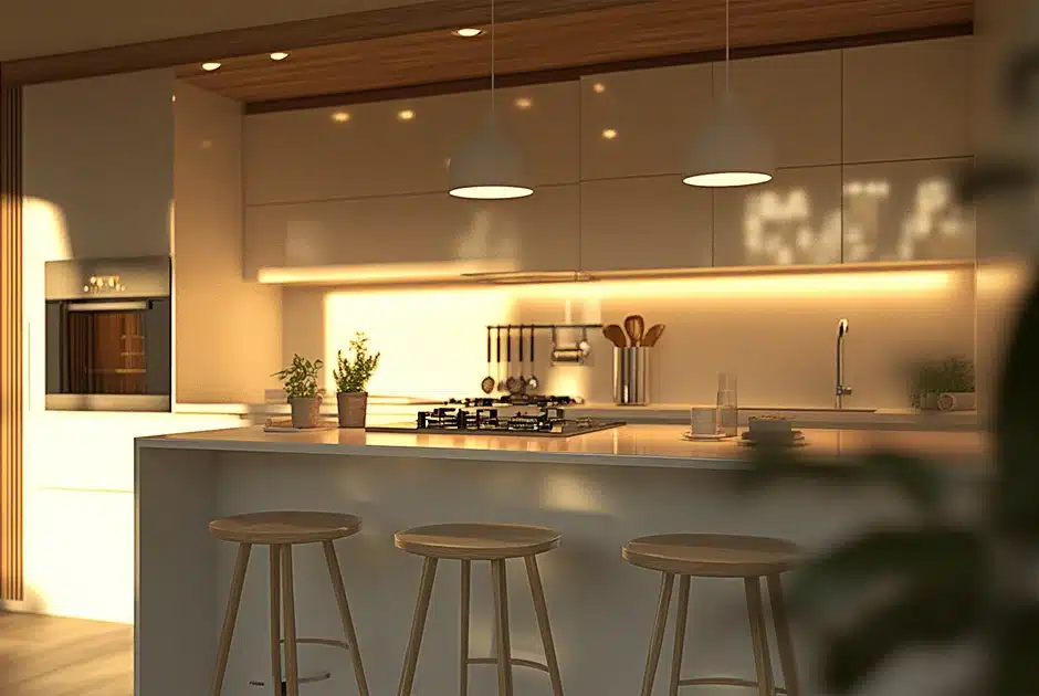 very modern kitchen, four stools in front of a sleek white island, behind that, the hob and oven, the sink is to the right with more counter space, some basic utensils on the counter, and one simple pot plant, three tasteful lights hang from the ceiling, some wooden surfaces visible as well