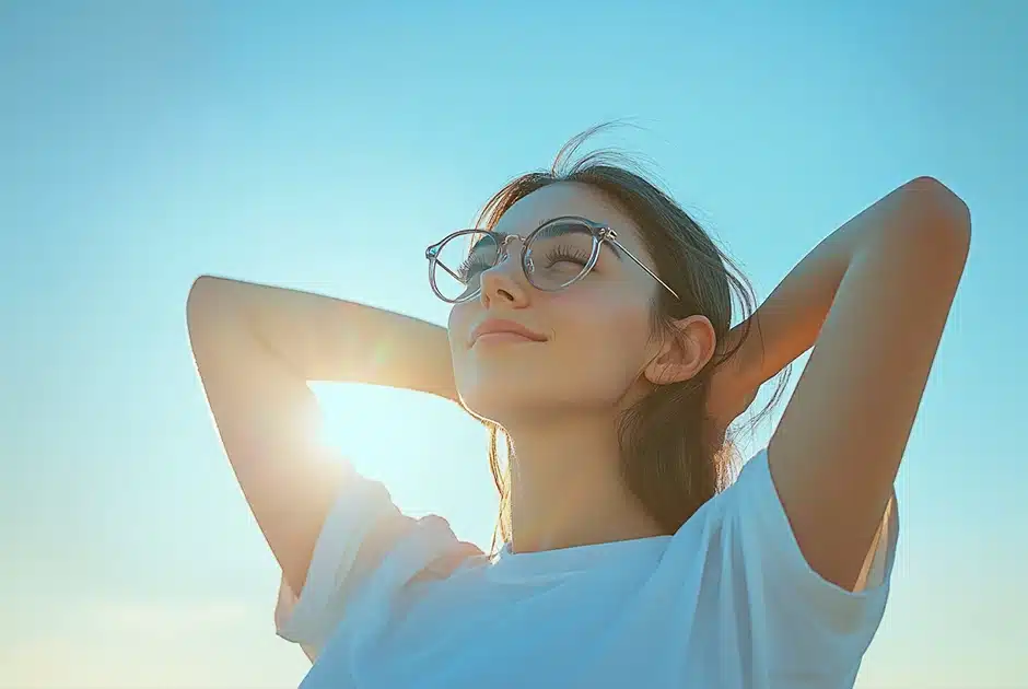 woman wearing glasses, in white crew-neck T-shirt, sideways on, facing to the left of the image, hands behind her head - looking up to the golden hour sun, blue sky as well, calm, happy, relaxed