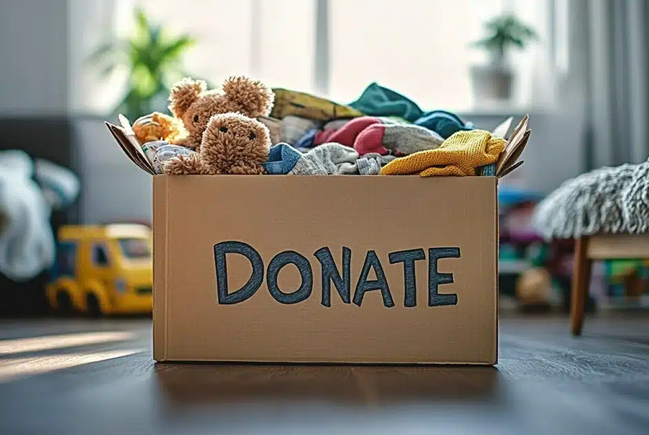 a cardboard box labelled "donate" filled with old toys and clothes