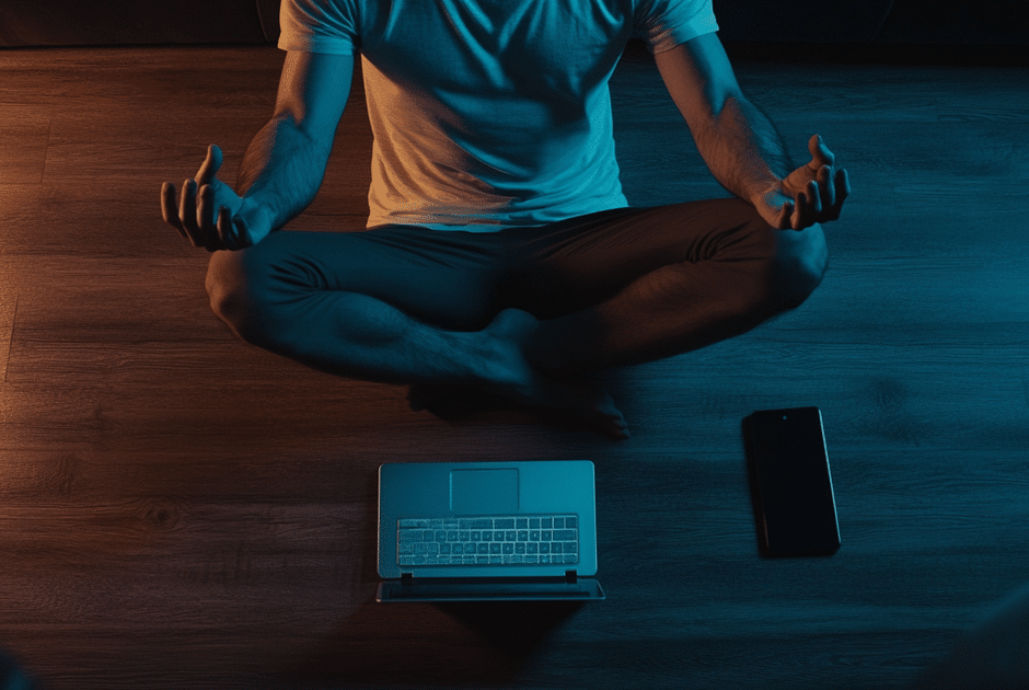 a man meditating, in his lounge, his smartphone and his laptop are both placed on the floor in front of him, they are turned off.