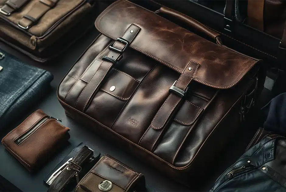 a high-quality leather bag, neatly arranged with a wallet and some other items