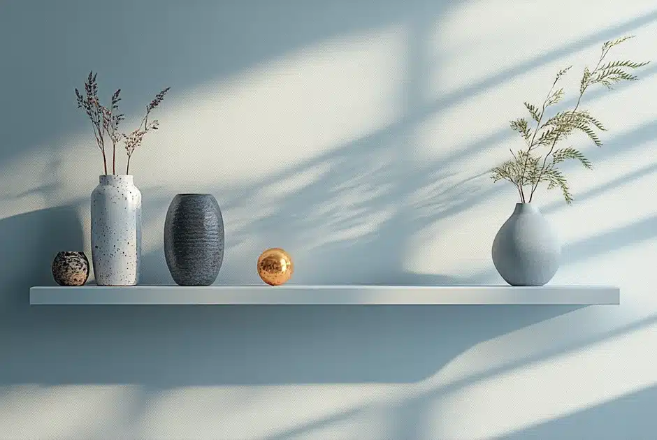 asmall floating shelf against a pale grey wall, with a few tasteful, colourful ornaments on it