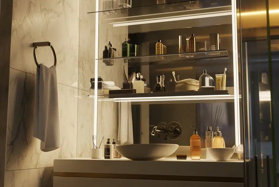 A bathroom with floating shelves, under-sink storage solutions, and a mirrored cabinet with built-in storage