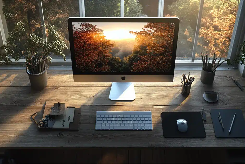 a very neat, serene computer workspace with a minimalist computer screen, mouse, pens, pencils